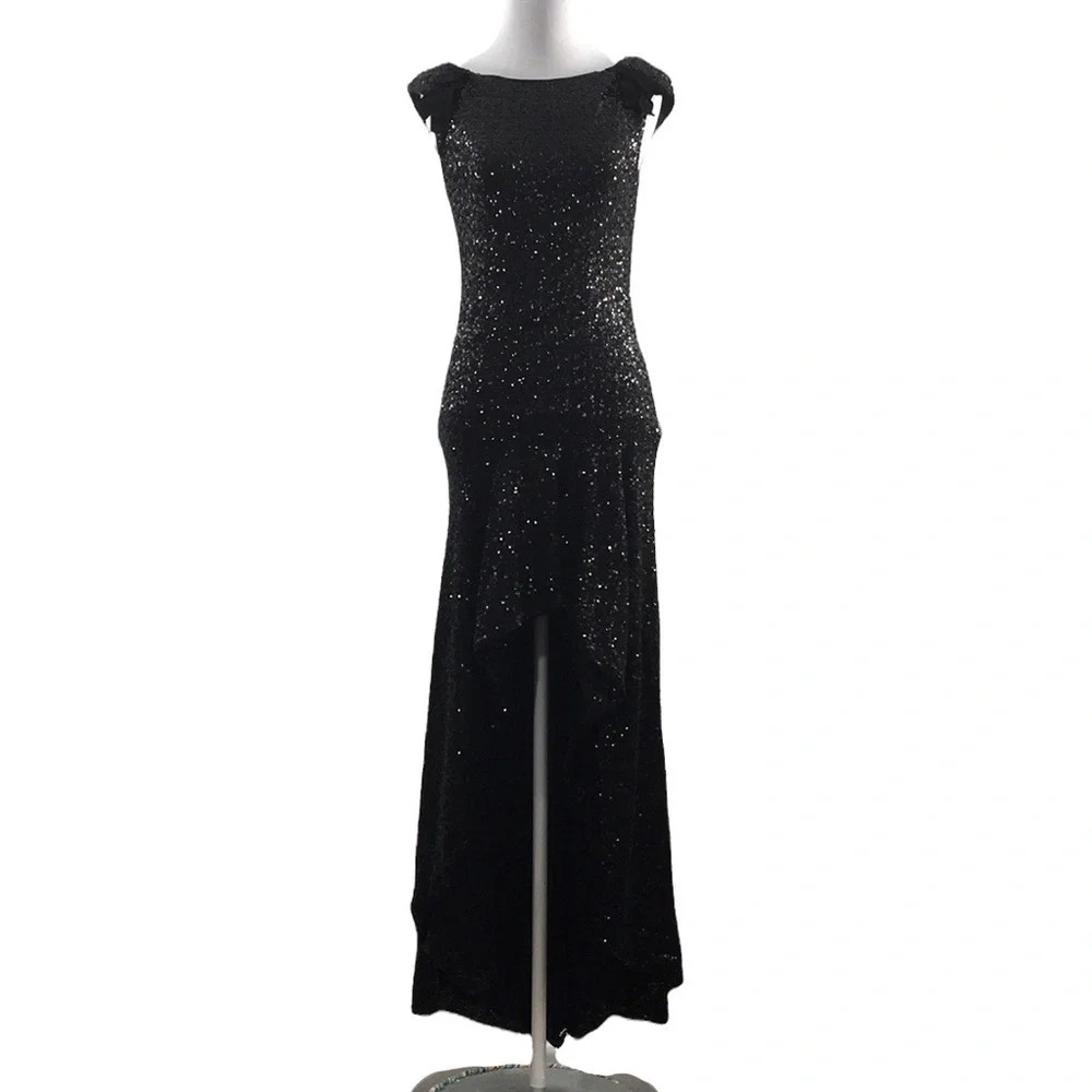 Pearl by Georgina Chapman Black Sequins Marchesa Long Gown Womens‎ 2 Hi Low